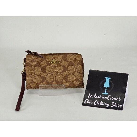Coach Signature Women's Brown Leather Double Zip Wristlet Wallet 144 - Picture 2 of 12
